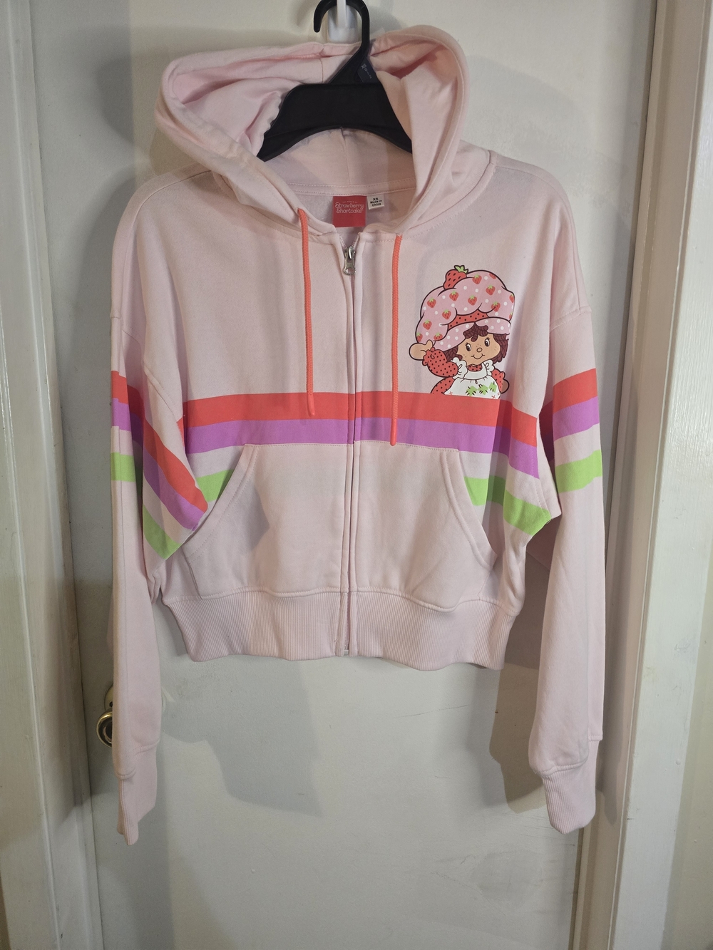 Light Pink Strawberry Graphic Zip-Up Hoodie with Rainbow Stripes